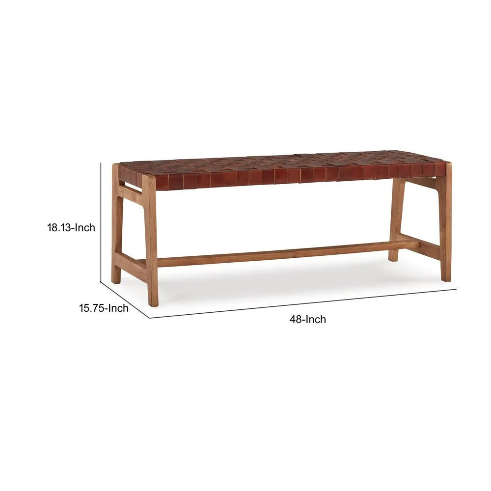 Accent Bench, 48 Inch, Basket Weave Pattern, Brown Faux Leather, Solid Wood By Casagear Home