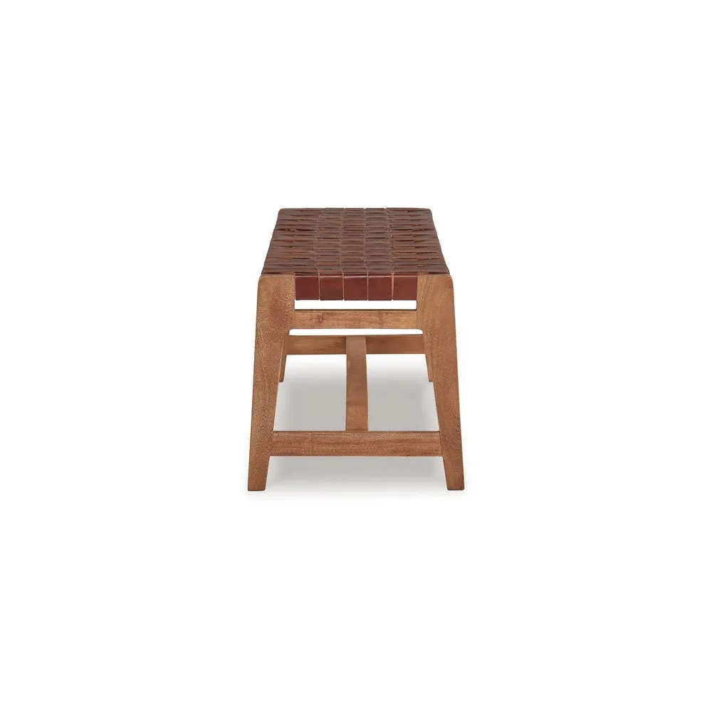 Accent Bench, 48 Inch, Basket Weave Pattern, Brown Faux Leather, Solid Wood By Casagear Home