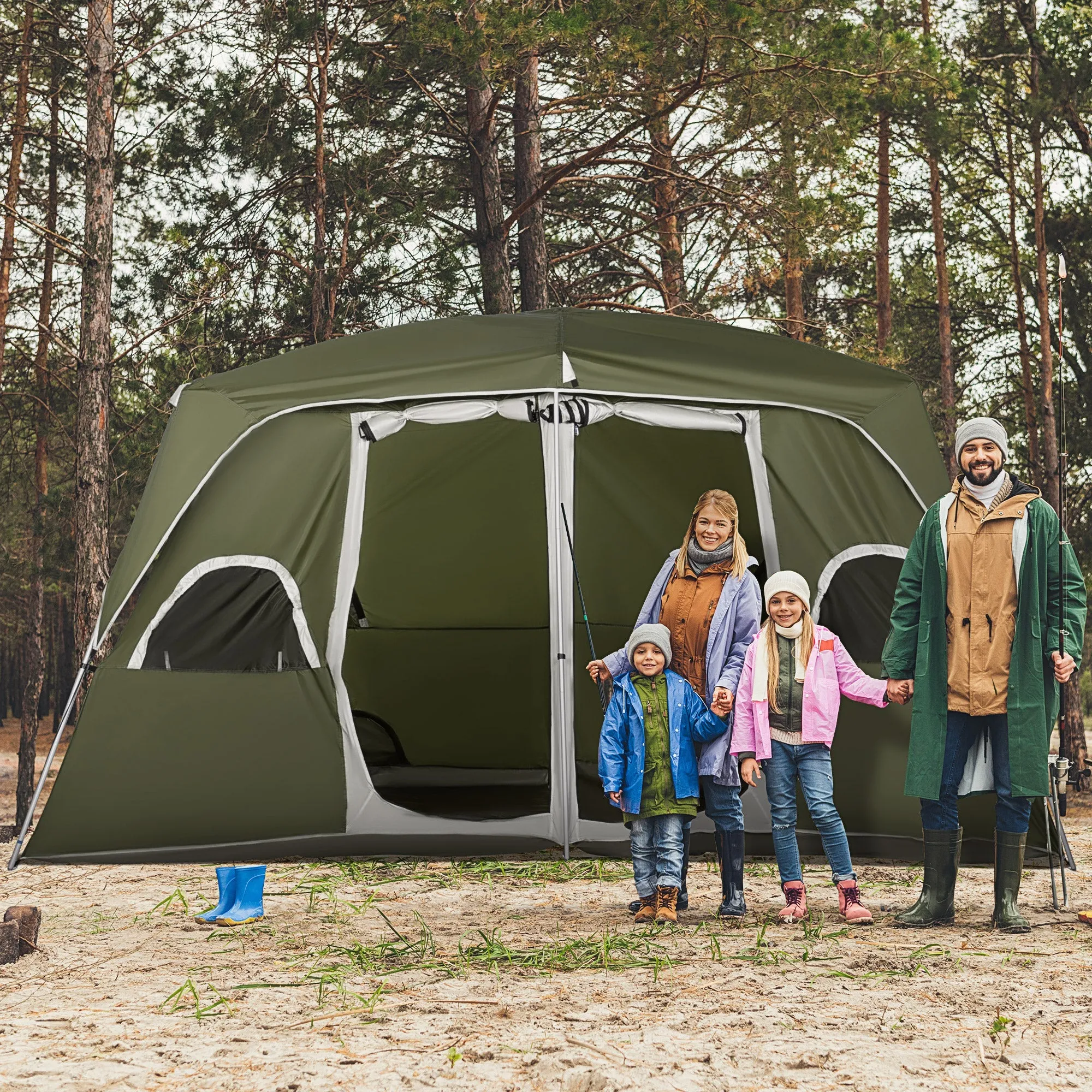 Camping Tent Family Tent 4-8 Person 2 Room with Large Mesh Windows Easy Set Up for Backpacking Hiking Outdoor Green