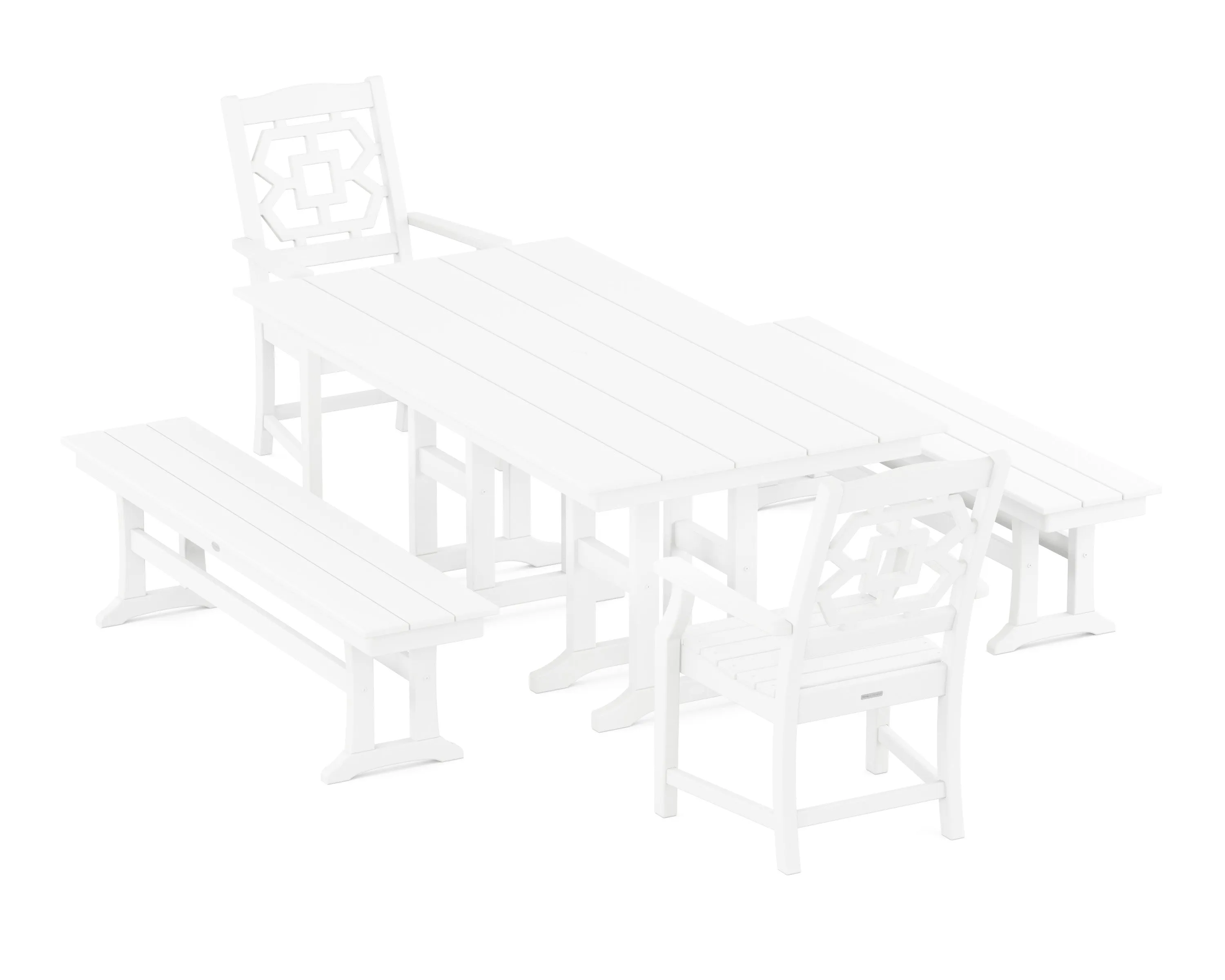 Chinoiserie 5-Piece Farmhouse Dining Set with Benches