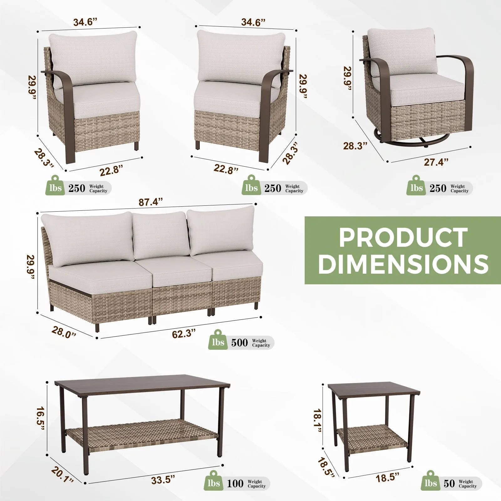 Coastal Vista Outdoor Patio Furniture Set w/ Swivel Rocker Chair, Seats 7