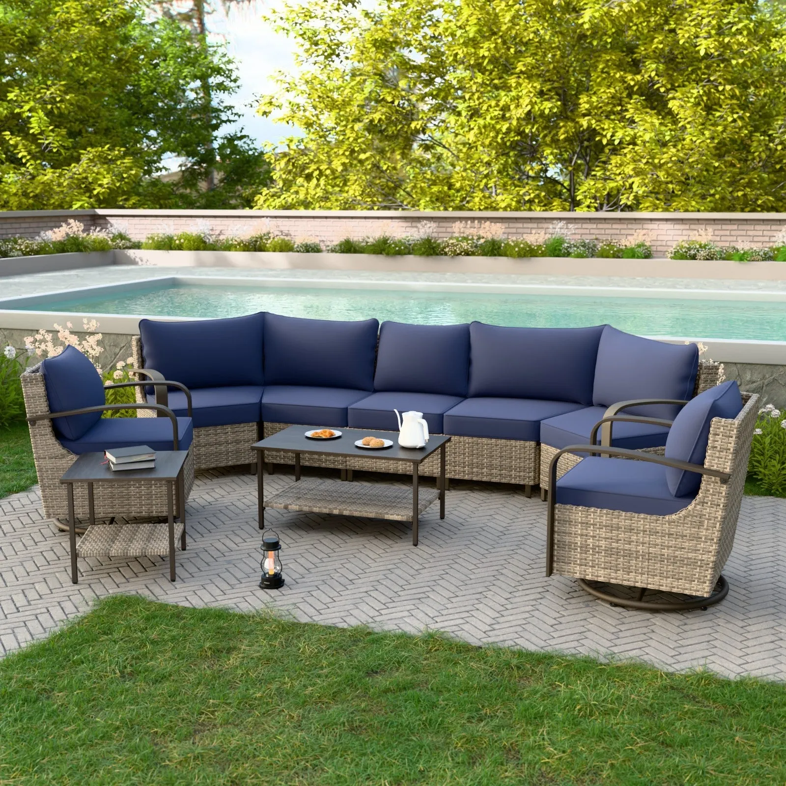Coastal Vista Outdoor Patio Furniture Set w/ Swivel Rocker Chair, Seats 7