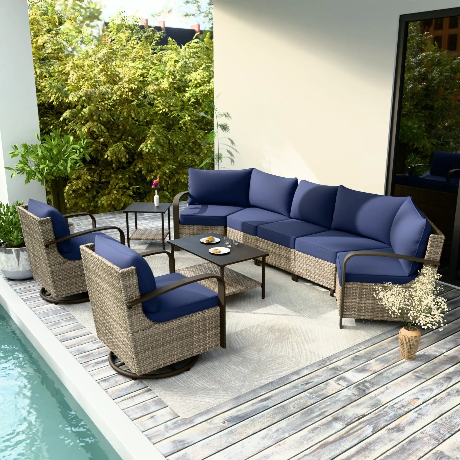 Coastal Vista Outdoor Patio Furniture Set w/ Swivel Rocker Chair, Seats 7