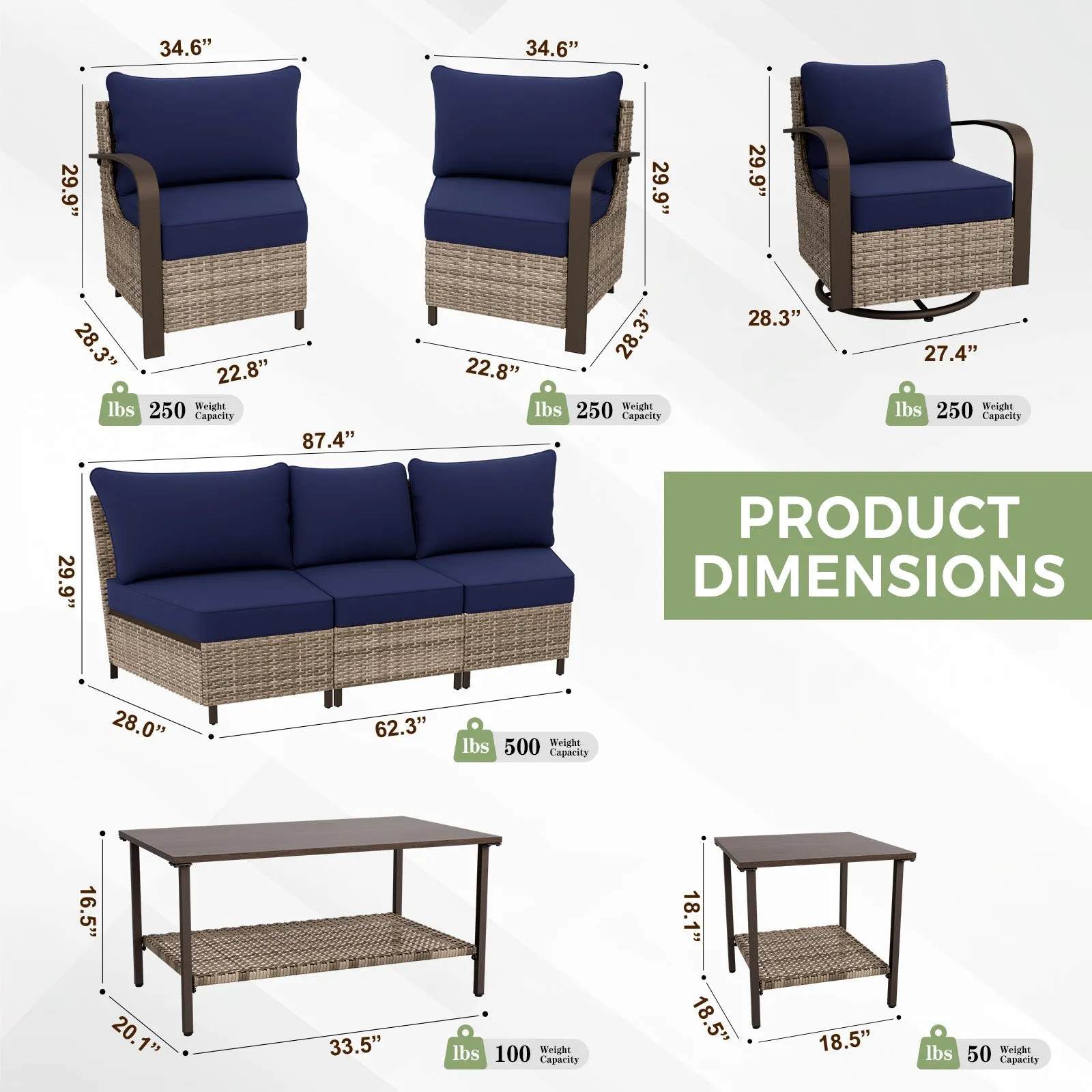 Coastal Vista Outdoor Patio Furniture Set w/ Swivel Rocker Chair, Seats 7