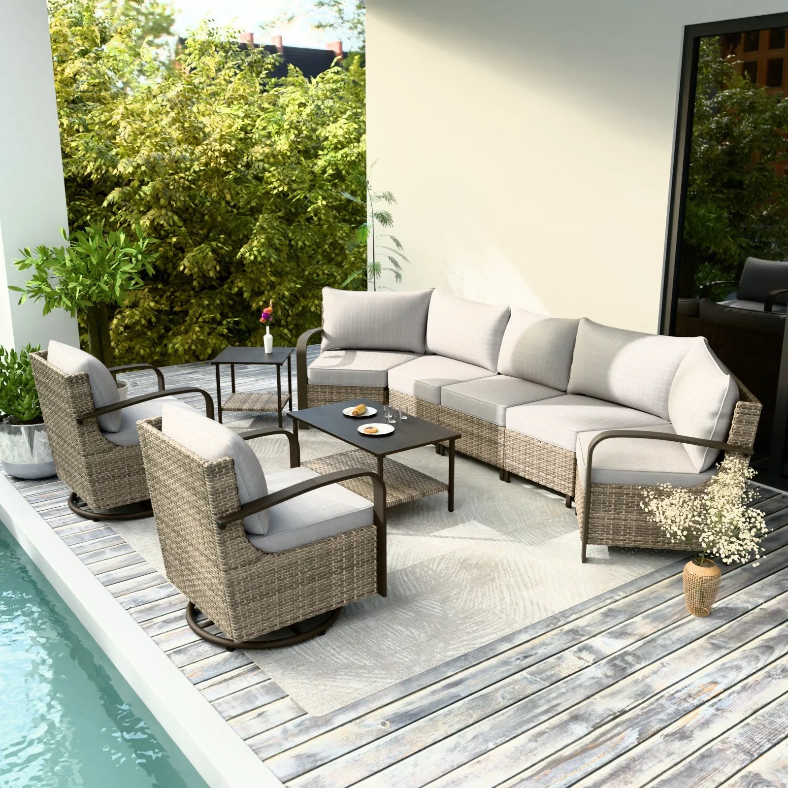 Coastal Vista Outdoor Patio Furniture Set w/ Swivel Rocker Chair, Seats 7
