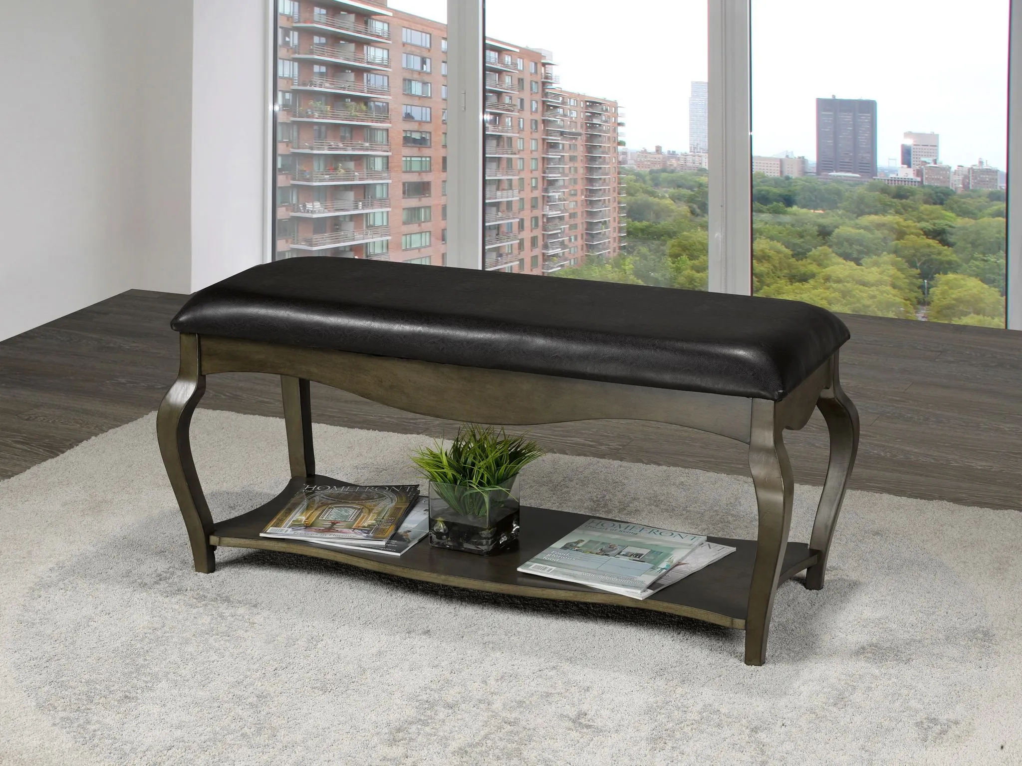 Dark Grey Wood Leather Accent Bench With Shelf- Model #6374B