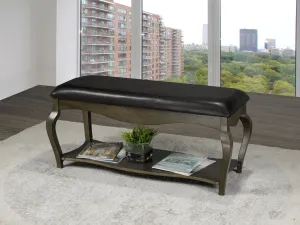 Dark Grey Wood Leather Accent Bench With Shelf- Model #6374B