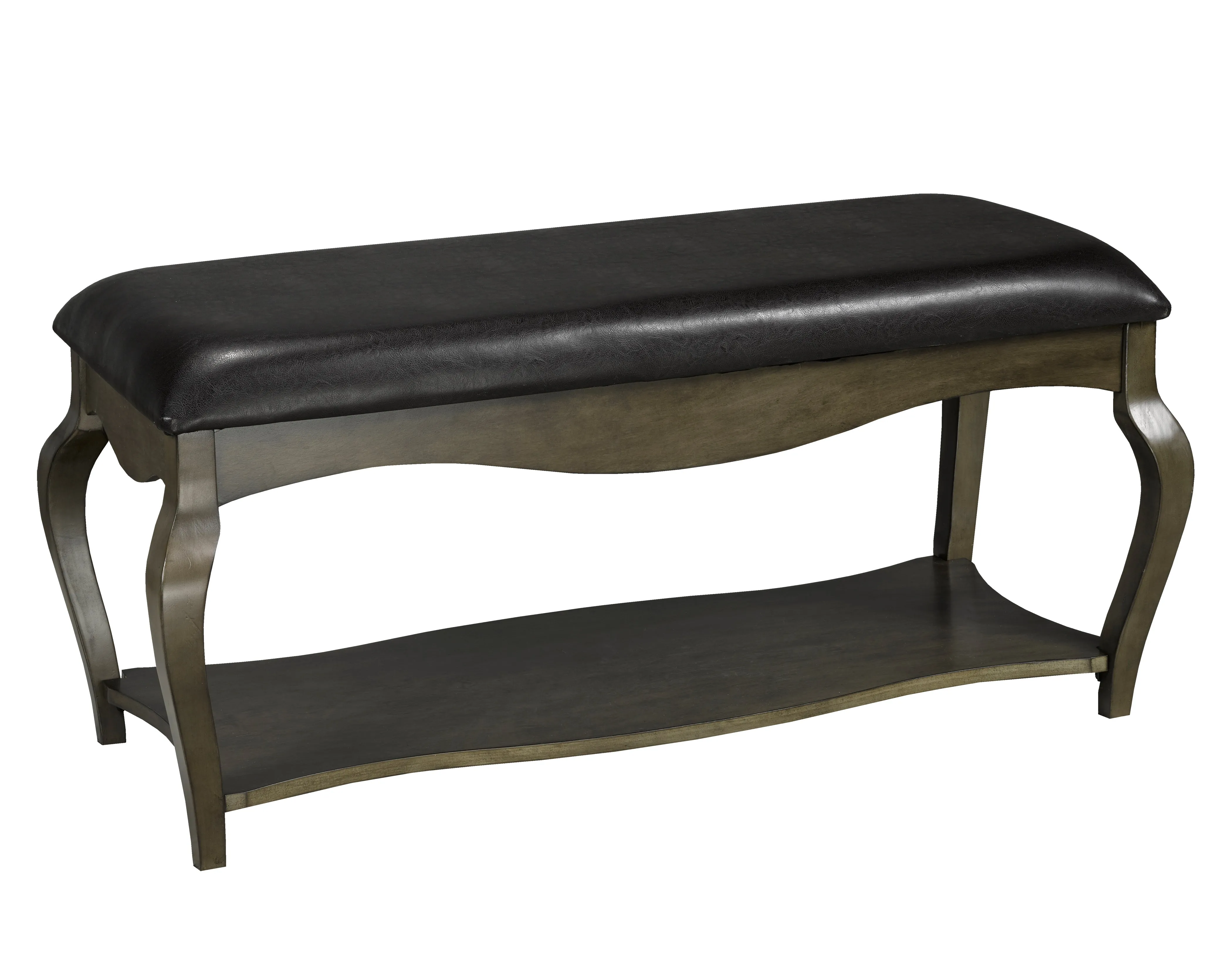 Dark Grey Wood Leather Accent Bench With Shelf- Model #6374B