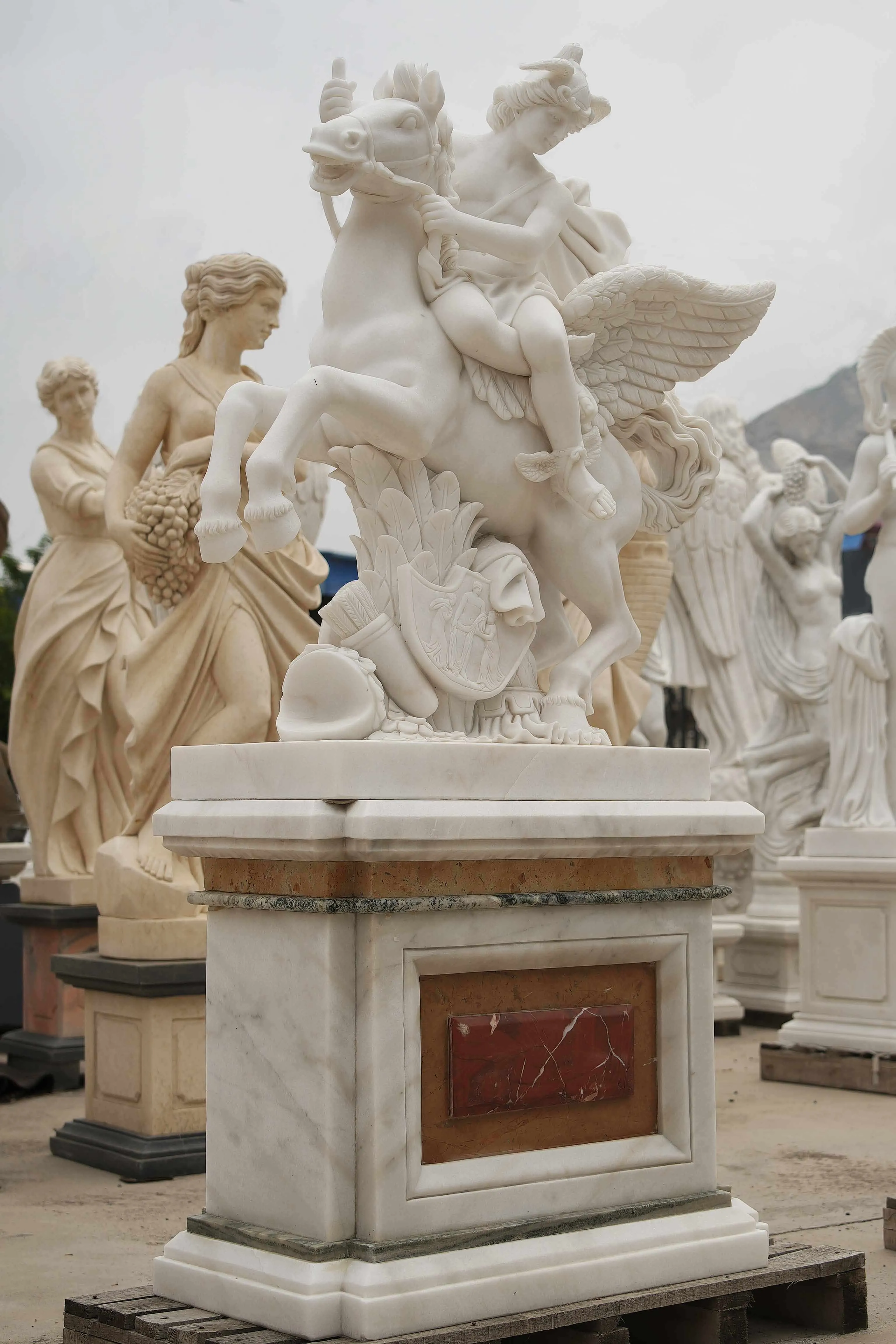 FINEST Custom White Marble Pegasus Rider Sculpture FM-058