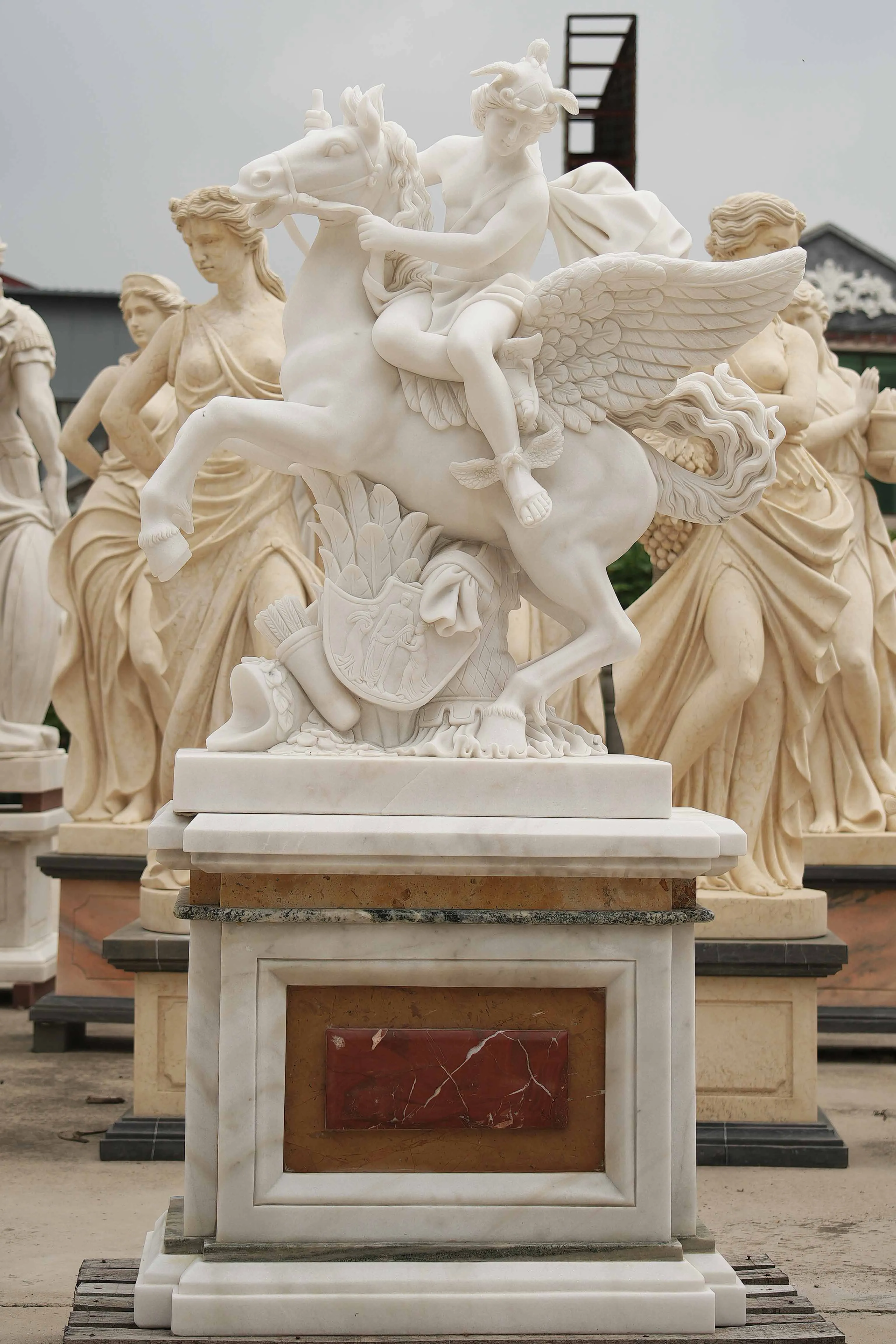 FINEST Custom White Marble Pegasus Rider Sculpture FM-058