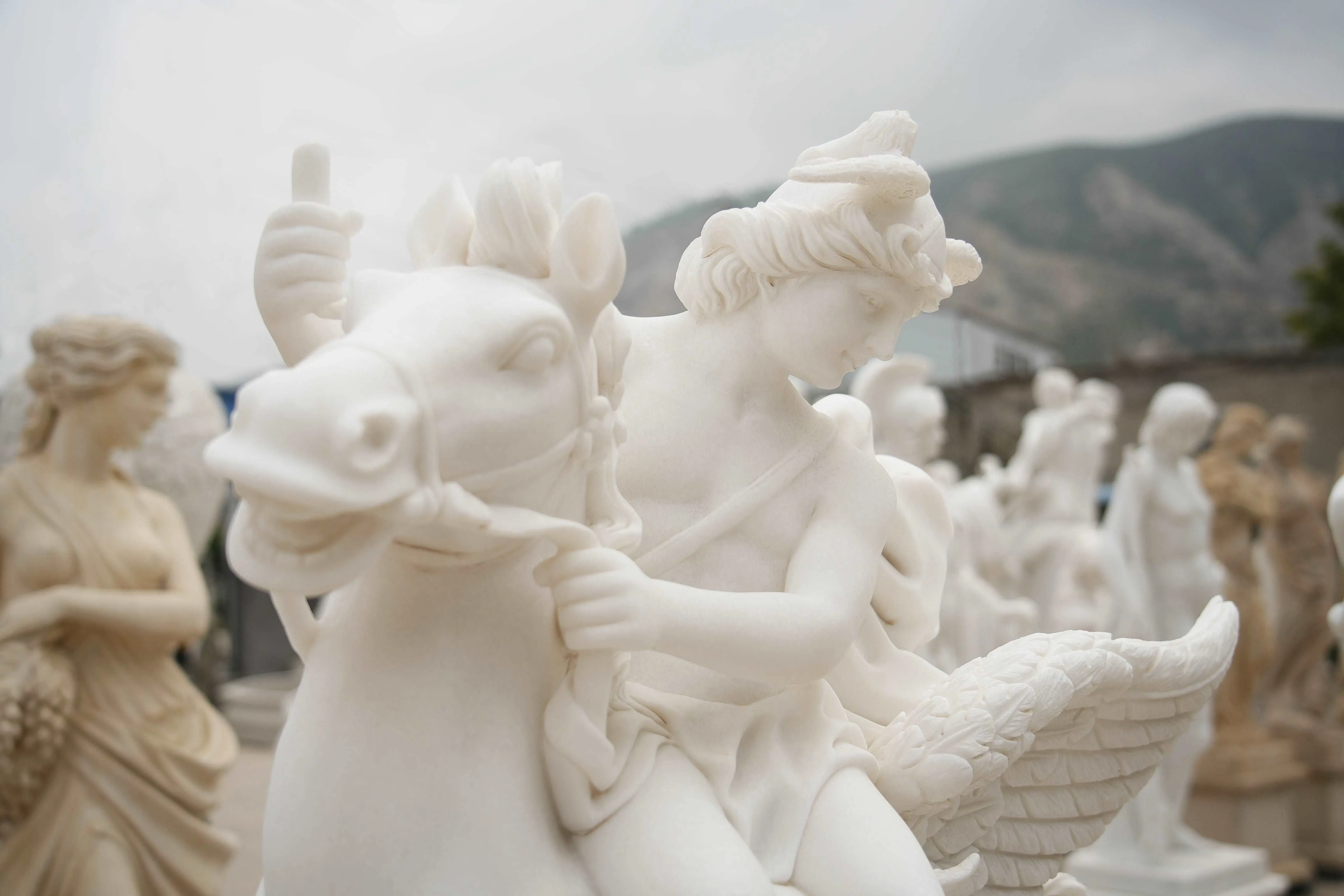 FINEST Custom White Marble Pegasus Rider Sculpture FM-058