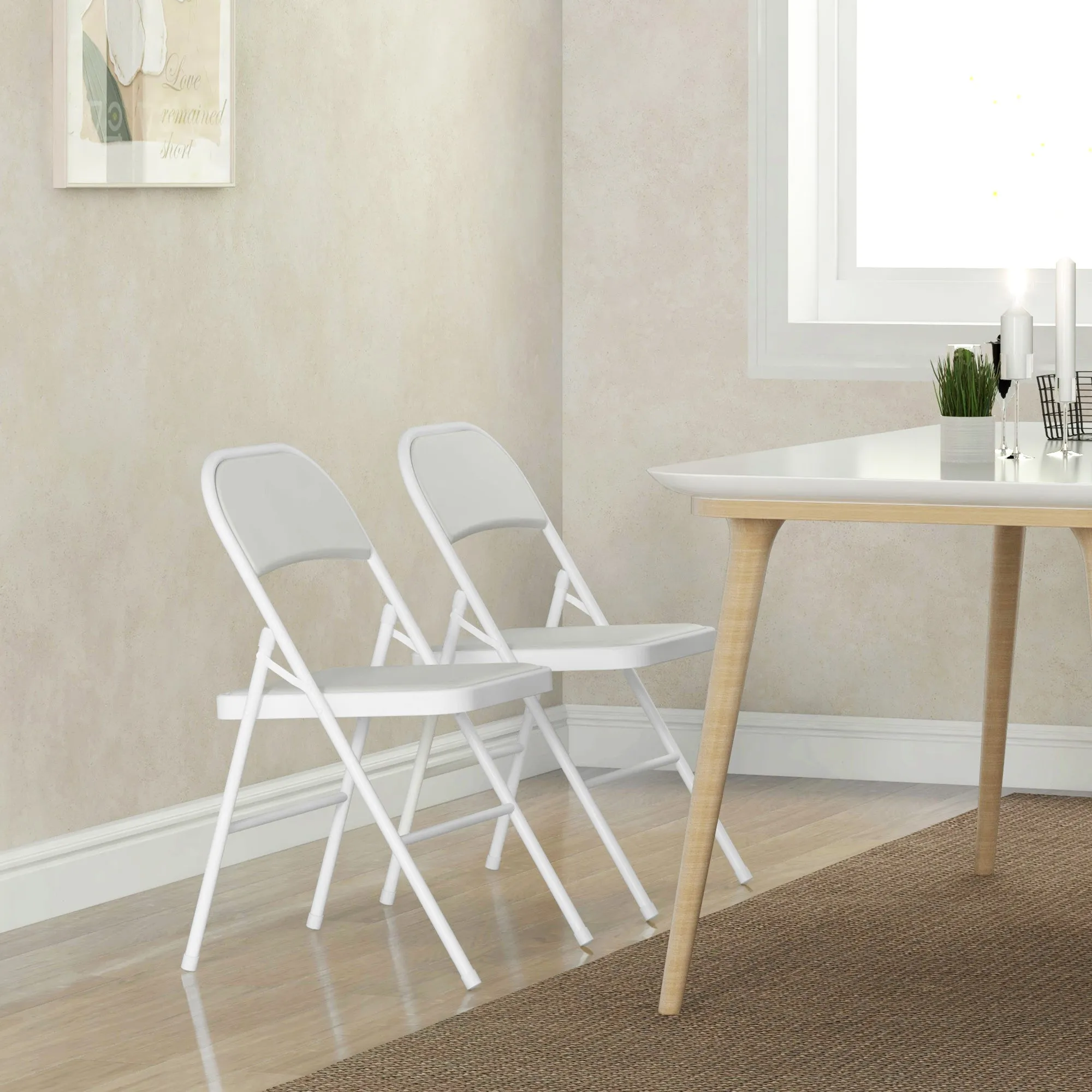 HOMCOM 2 Pack Padded Folding Chairs with Cushioned Seat and Metal Frame White