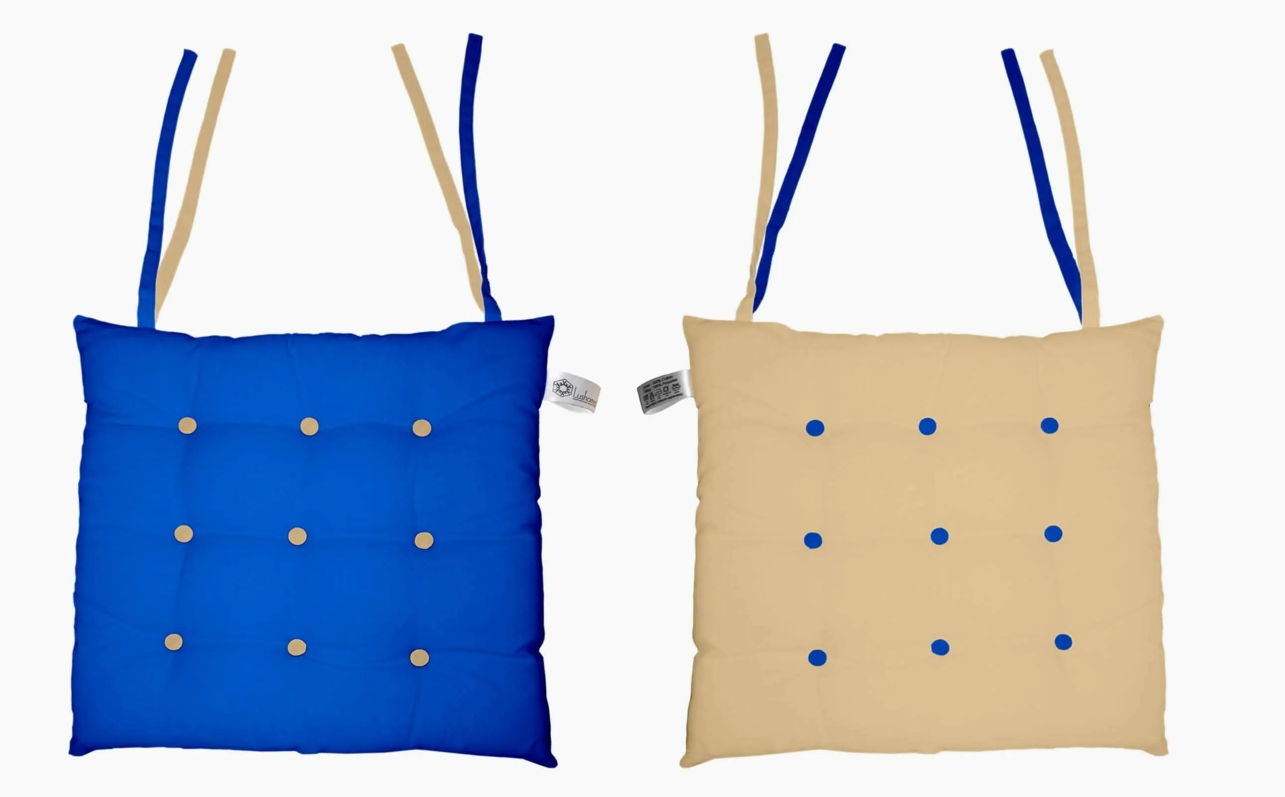 Lushomes Chair pads, Blue and Beige, driver seat cushion for car, dining chair cushion, cushion for car, tie up cushions for chairs, Cotton Cushion for Car(16 Inch x16 Inch, 9 Buttons, Single Pc)