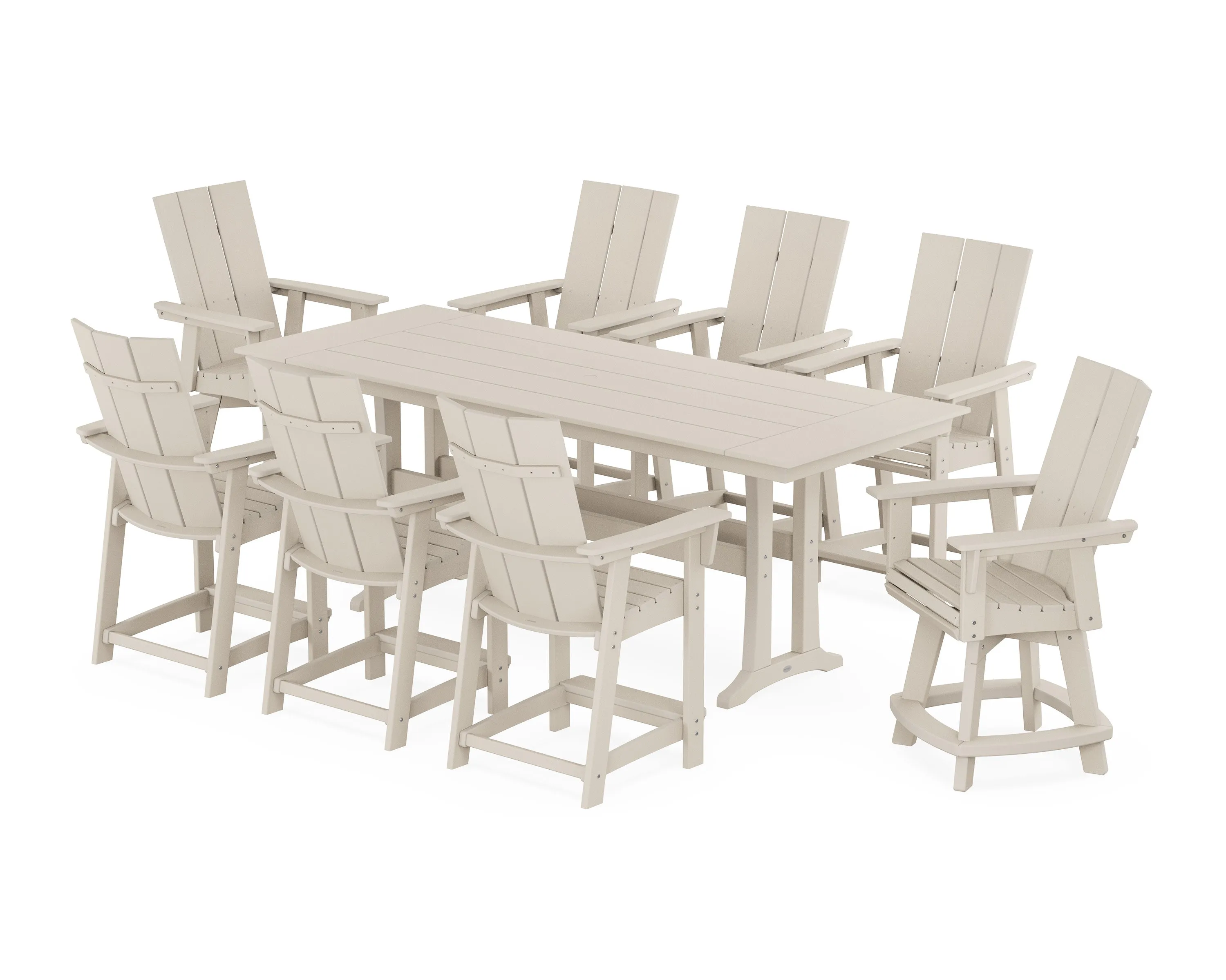 Modern Curveback Adirondack Swivel 9-Piece Farmhouse Counter Set with Trestle Legs