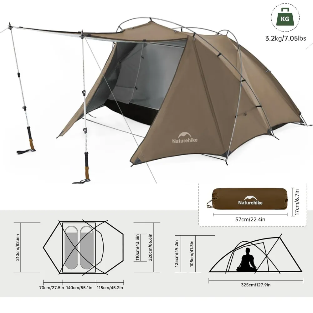 Naturehike Hillock6 One Bedroom One Hall Tent UPF50  Brown Color For 2 people