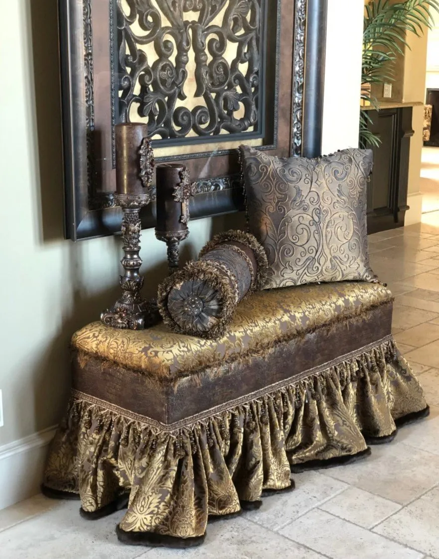Old World Style Upholstered Bench Bronze and Gold