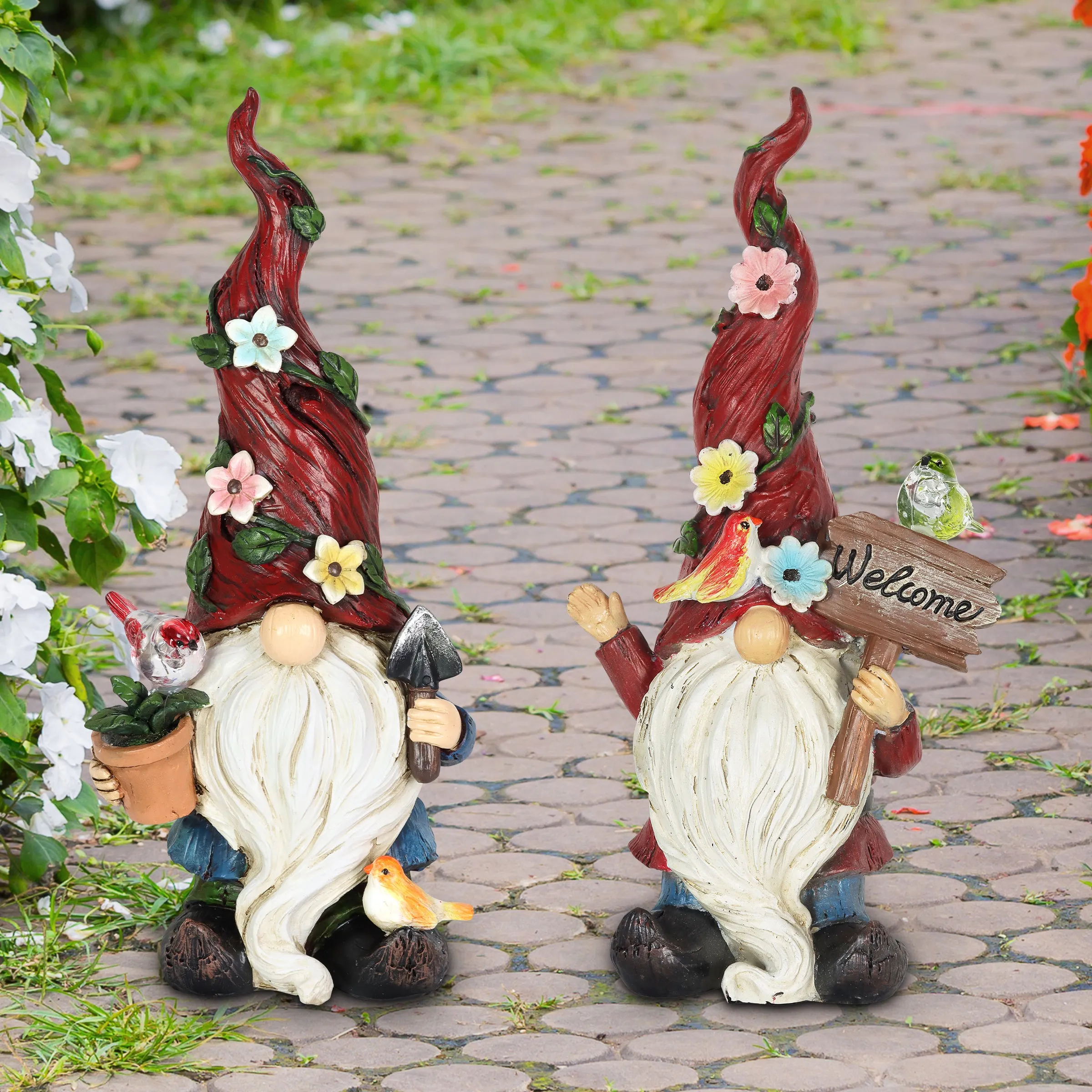 Solar 2 Piece Set Garden Gnome Statues with Welcome Sign, 6 by 12 Inches
