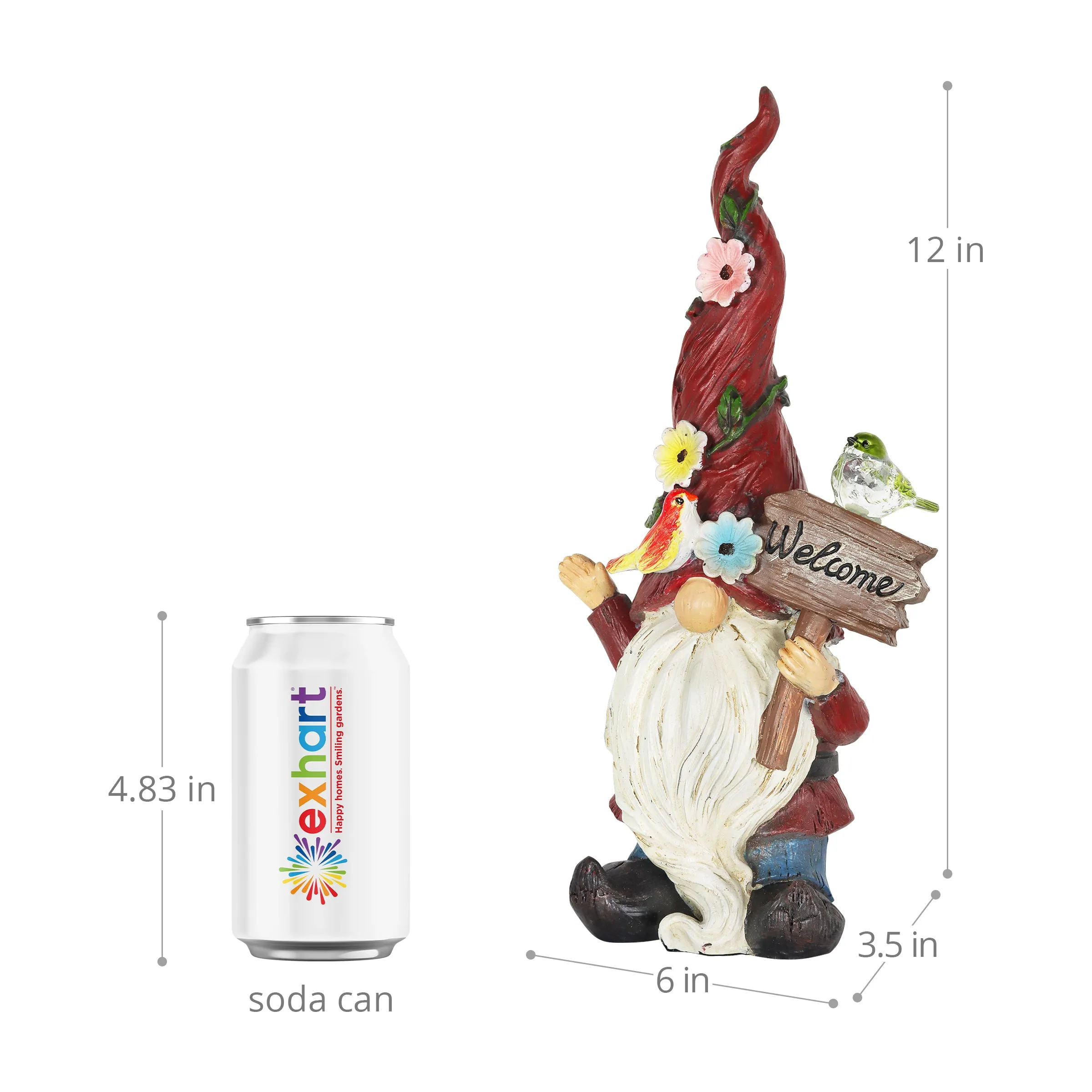 Solar 2 Piece Set Garden Gnome Statues with Welcome Sign, 6 by 12 Inches