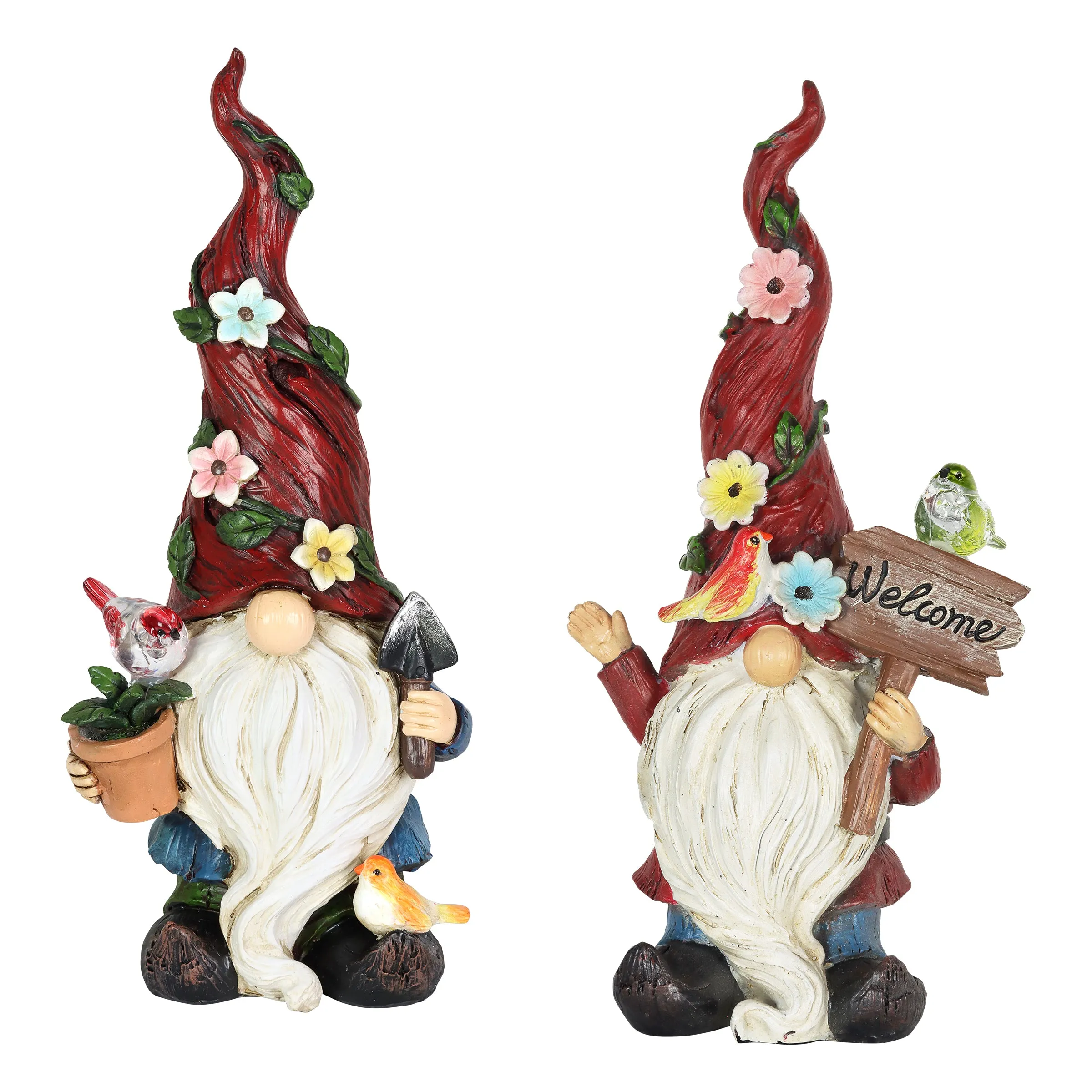 Solar 2 Piece Set Garden Gnome Statues with Welcome Sign, 6 by 12 Inches