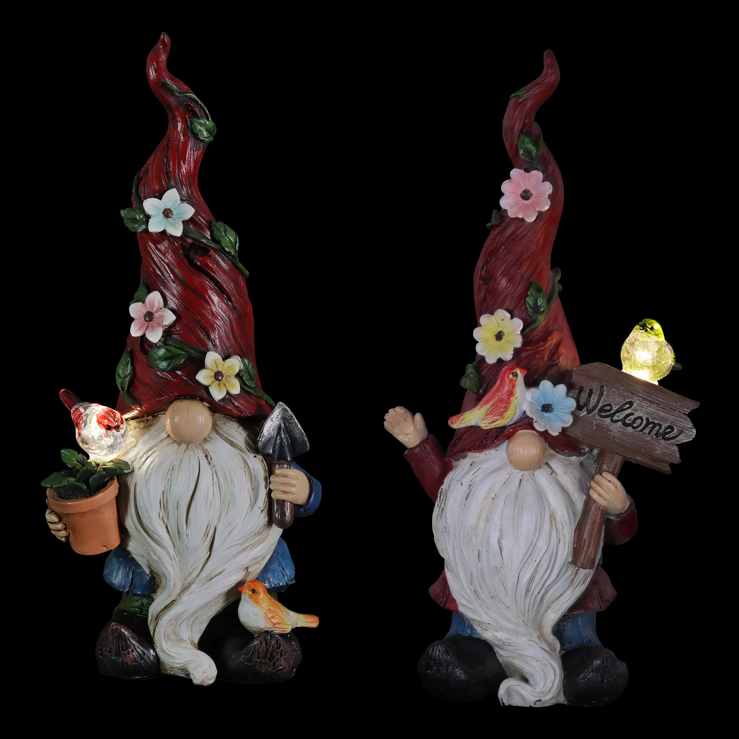 Solar 2 Piece Set Garden Gnome Statues with Welcome Sign, 6 by 12 Inches