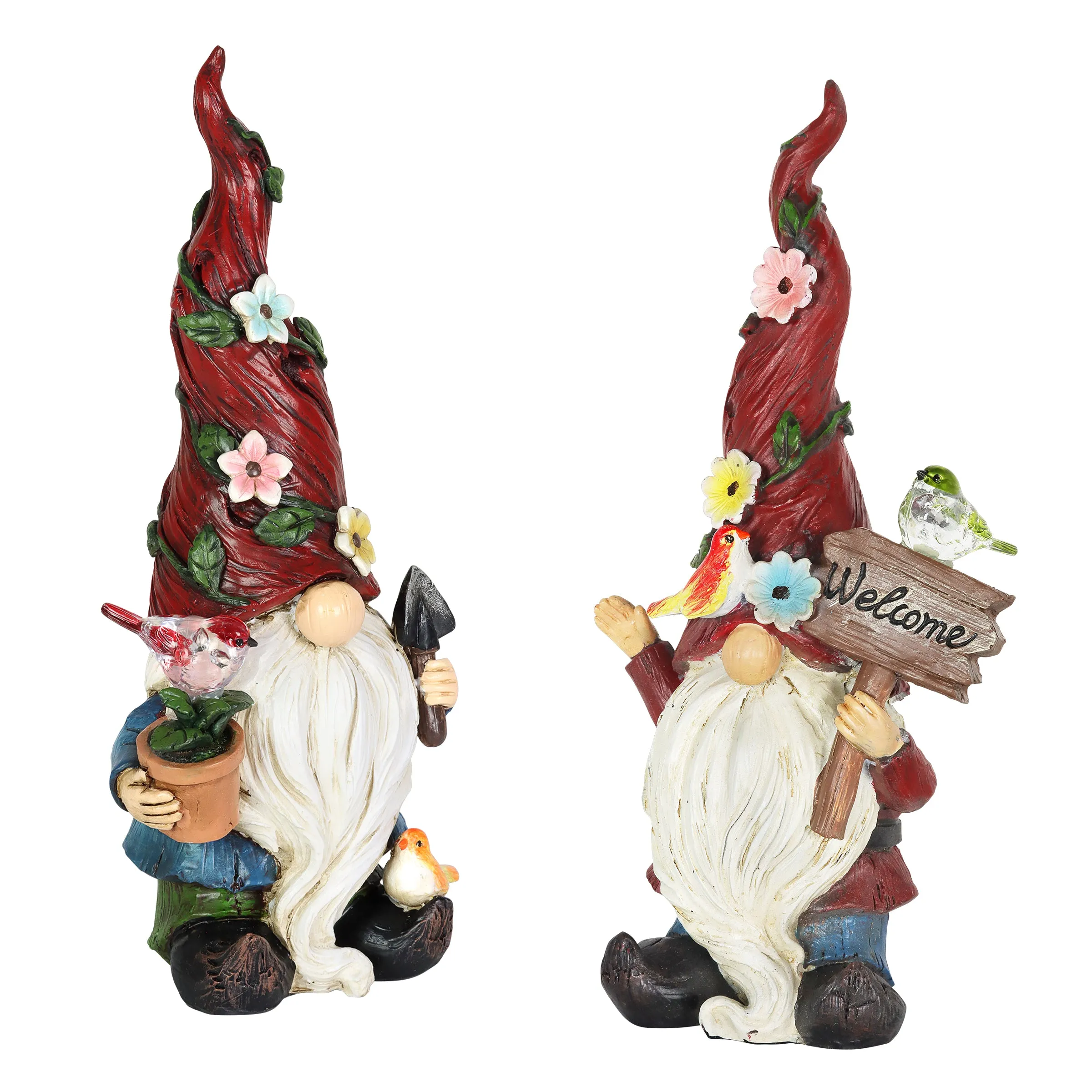 Solar 2 Piece Set Garden Gnome Statues with Welcome Sign, 6 by 12 Inches