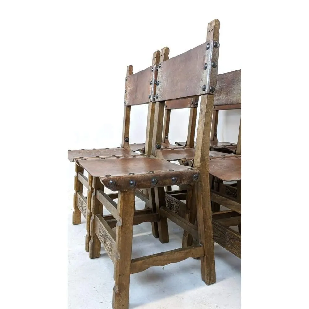 Vintage Dining Chairs - 8 x Spanish Colonial Studded Leather Sling