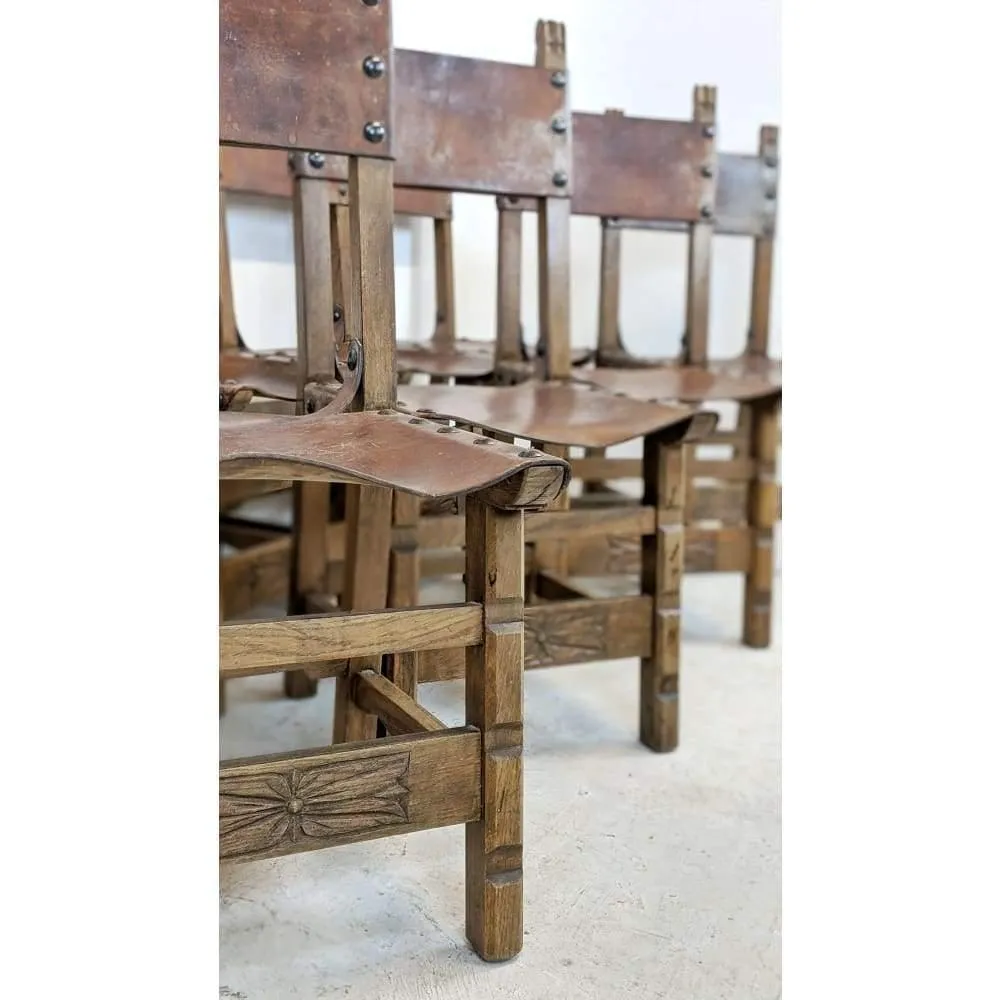 Vintage Dining Chairs - 8 x Spanish Colonial Studded Leather Sling