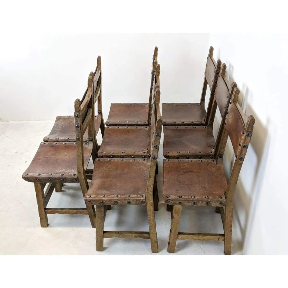 Vintage Dining Chairs - 8 x Spanish Colonial Studded Leather Sling
