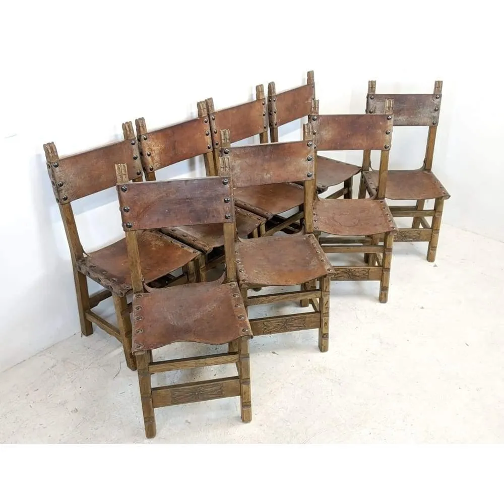 Vintage Dining Chairs - 8 x Spanish Colonial Studded Leather Sling