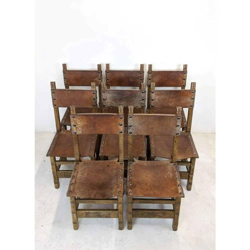 Vintage Dining Chairs - 8 x Spanish Colonial Studded Leather Sling