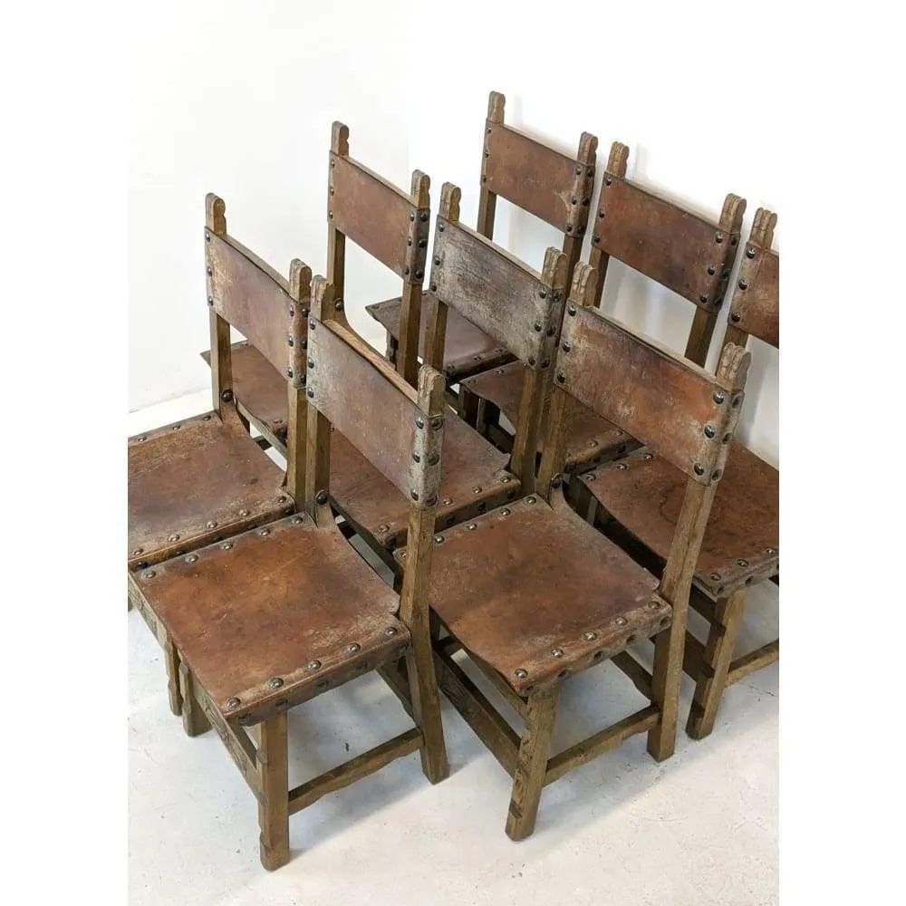 Vintage Dining Chairs - 8 x Spanish Colonial Studded Leather Sling