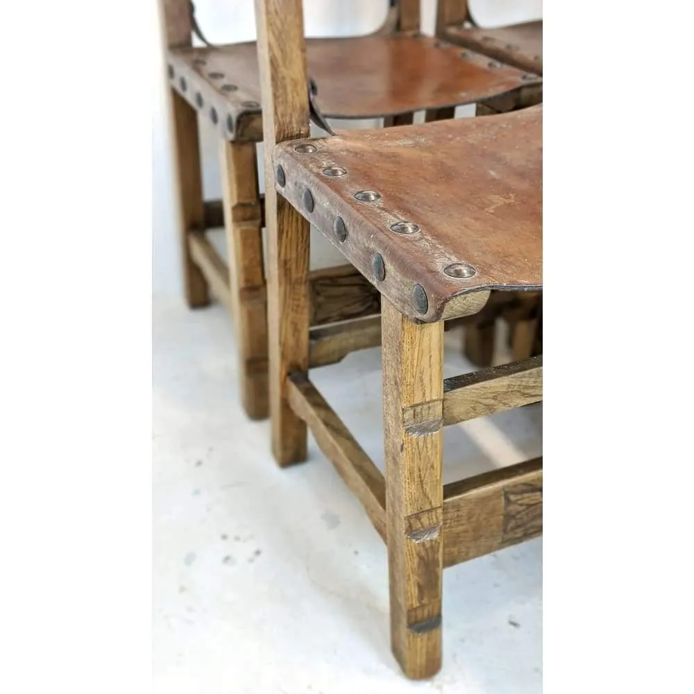 Vintage Dining Chairs - 8 x Spanish Colonial Studded Leather Sling