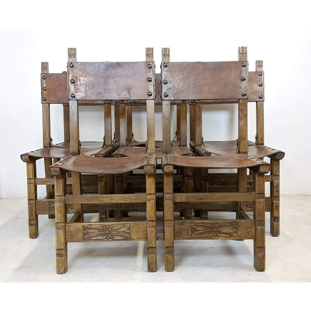 Vintage Dining Chairs - 8 x Spanish Colonial Studded Leather Sling