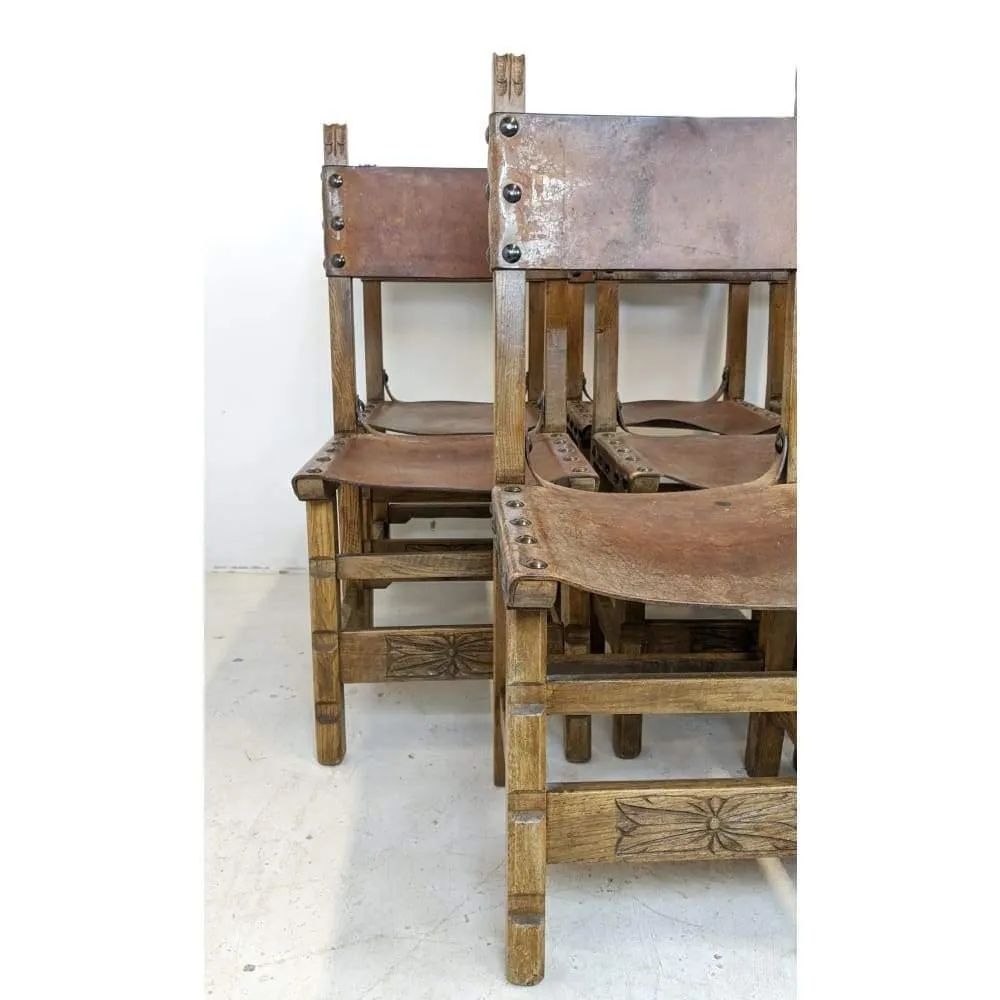 Vintage Dining Chairs - 8 x Spanish Colonial Studded Leather Sling