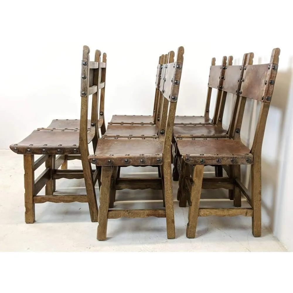 Vintage Dining Chairs - 8 x Spanish Colonial Studded Leather Sling