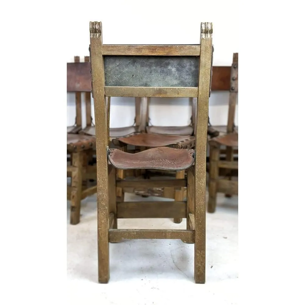 Vintage Dining Chairs - 8 x Spanish Colonial Studded Leather Sling