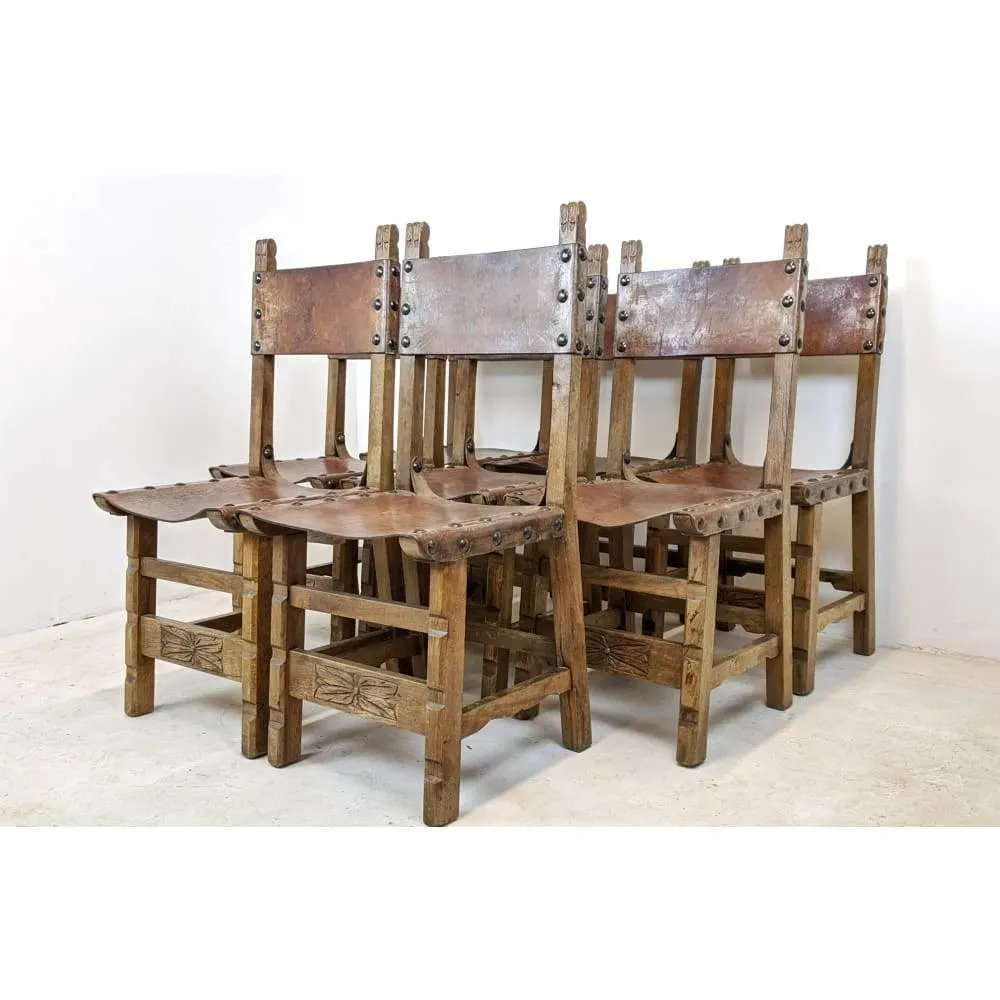 Vintage Dining Chairs - 8 x Spanish Colonial Studded Leather Sling