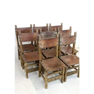 Vintage Dining Chairs - 8 x Spanish Colonial Studded Leather Sling