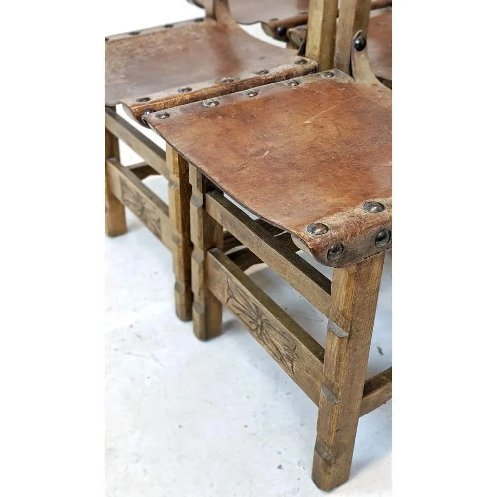 Vintage Dining Chairs - 8 x Spanish Colonial Studded Leather Sling