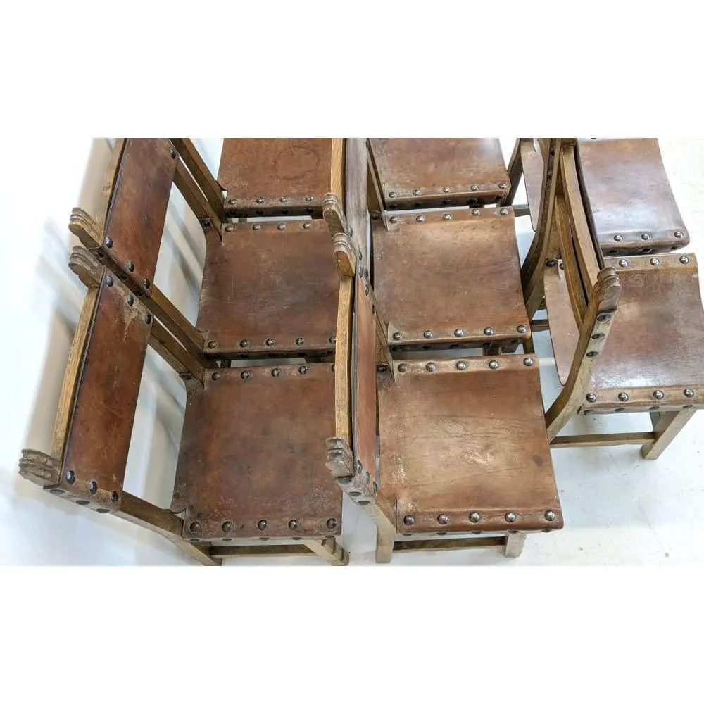 Vintage Dining Chairs - 8 x Spanish Colonial Studded Leather Sling