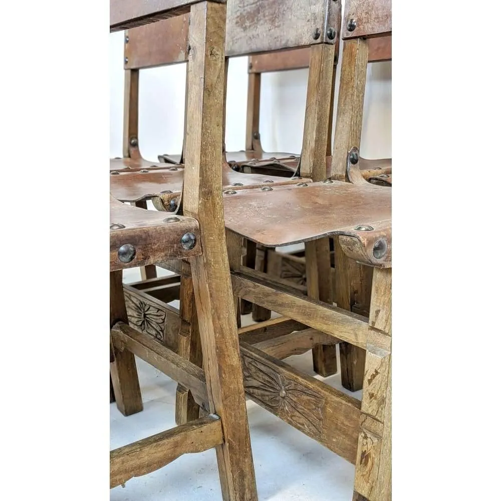 Vintage Dining Chairs - 8 x Spanish Colonial Studded Leather Sling