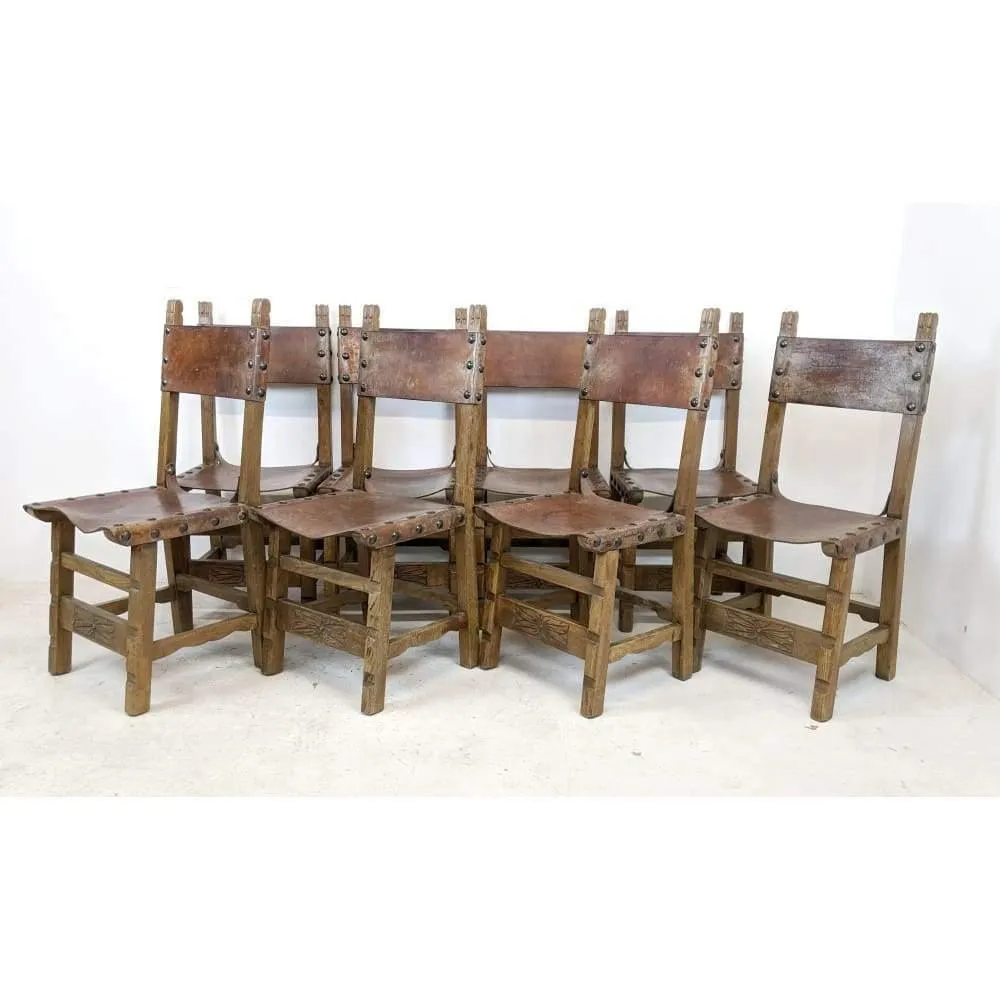 Vintage Dining Chairs - 8 x Spanish Colonial Studded Leather Sling